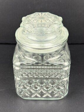 Vintage Anchor Hocking Wexford Glass Canister Square Jar Lid Small Candy Jar